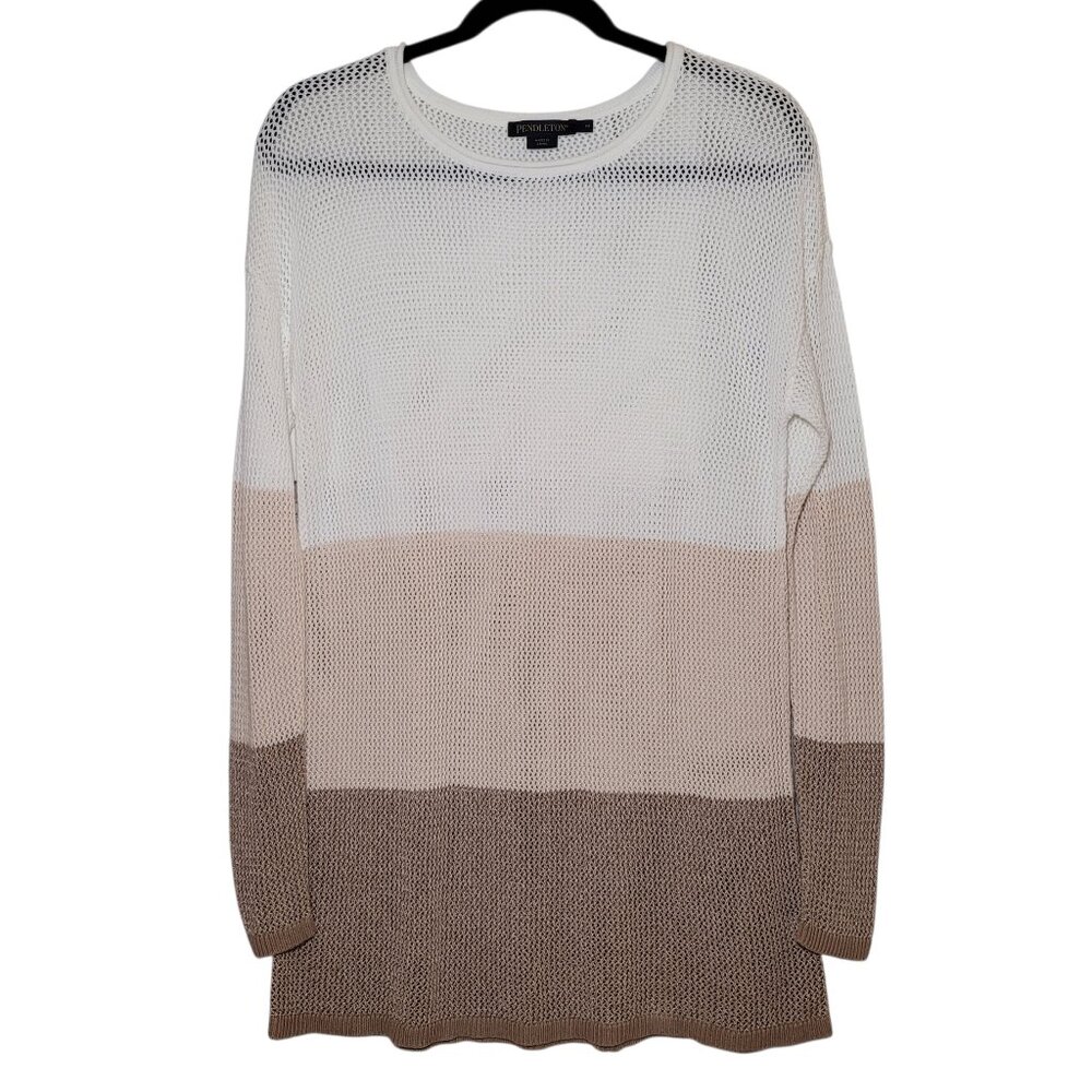 Pendleton Colorblock Knit Sweater Beige White Brown Medium Coastal Boho